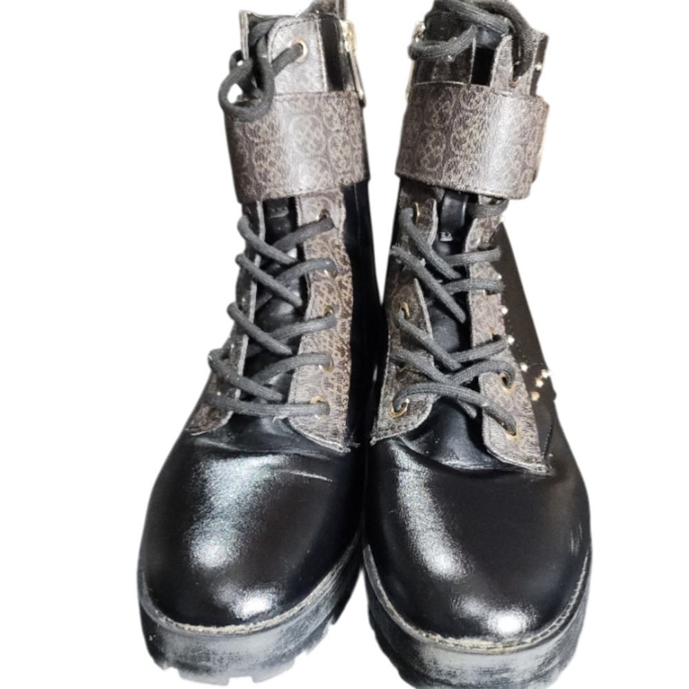 Daisy Fuentes Women's 7.5 Sarah Combat Boots Black Brown Faux Leather Lace Up